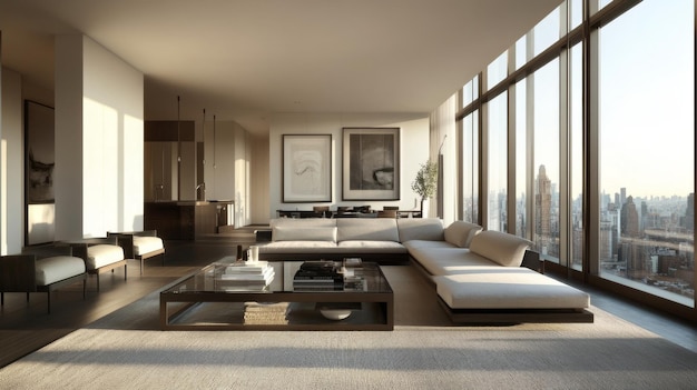 A modern living room with a sleek sofa glass coffee table and minimalist decor bathed in natural light from large floortoceiling windows