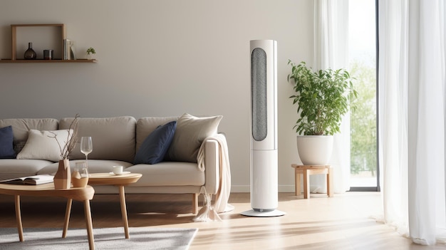 Modern Living Room with Sleek Tower Fan for Cooling Comfort A contemporary living room featur