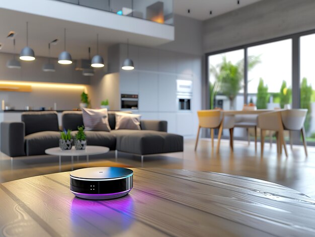 Photo modern living room with a smart robotic vacuum cleaner showcasing a minimalist and stylish home interior