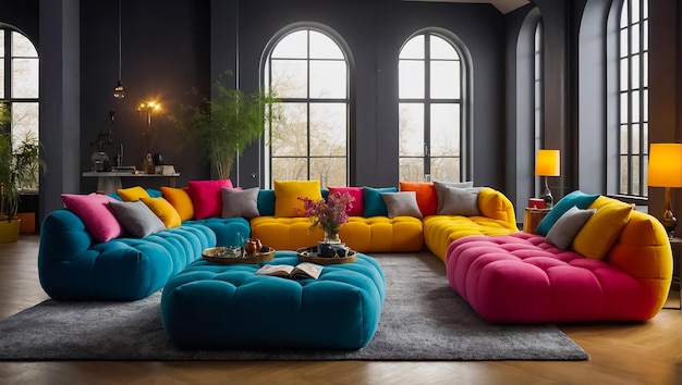 Modern living room with sofa and colored poufs