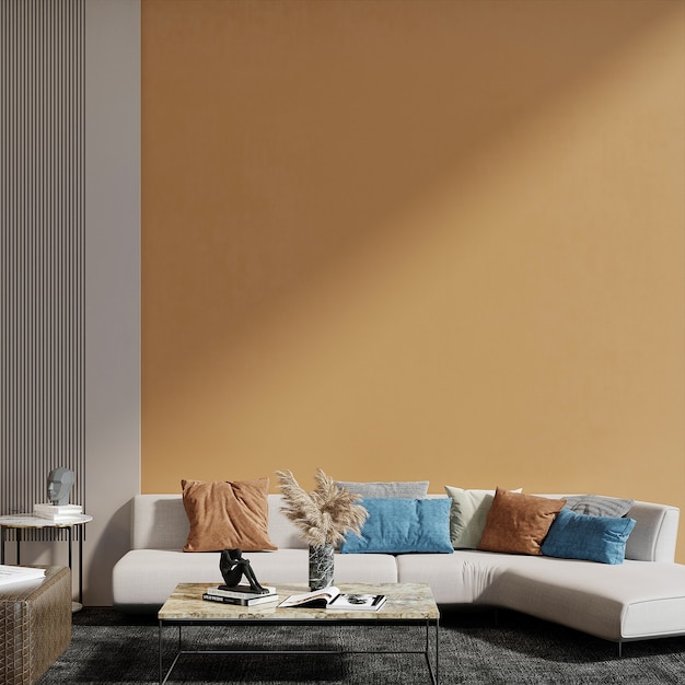 Modern living room with sofa front of the orange wall 3d render