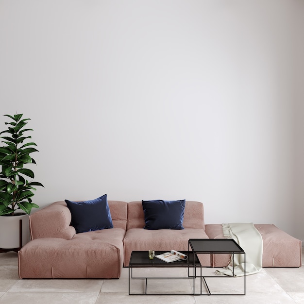 Modern living room with sofa and pillow in front of the white wall