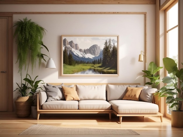 modern living room with sofa and wooden frame