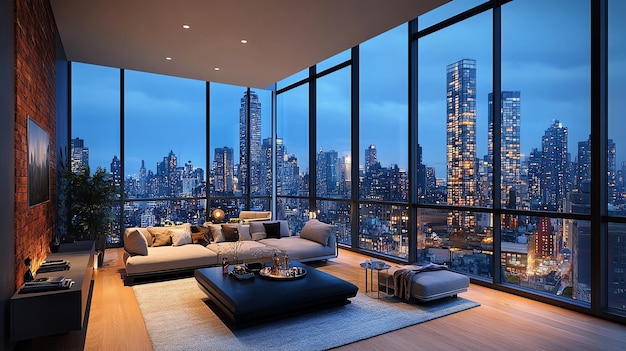 Modern living room with a stunning view of the city skyline at night