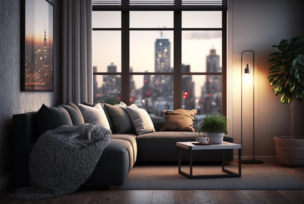 Modern living room with table and matching furniture bathed in natural light from wide windows generative ai