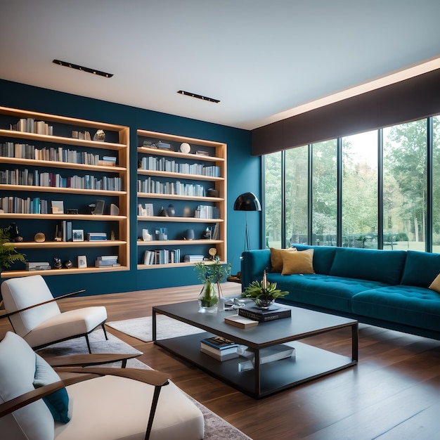 Modern Living Room with Teal Sofa and Bookshelves