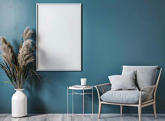 Modern living room with teal wall grey armchair and white side table against empty poster mockup on blue background