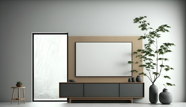 A modern living room with a tv on the wall and a plant on the right side generative ai