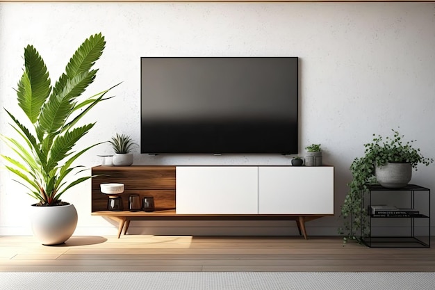 Modern living room with TV on white wall and wooden plate over cabinet illustration