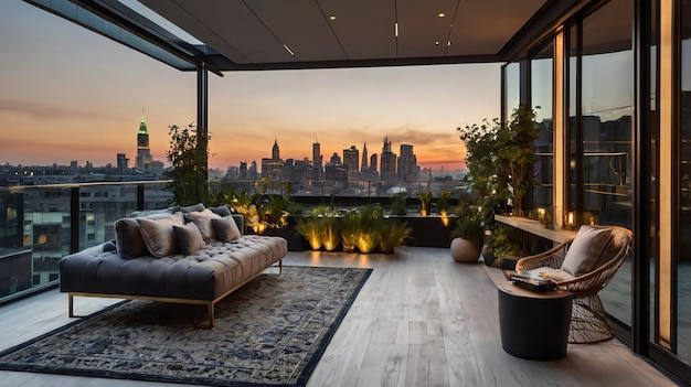 a modern living room with a view of the city