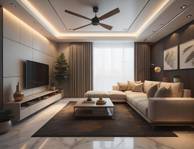 Modern living room with white and brown walls and glass wall generative photo ai