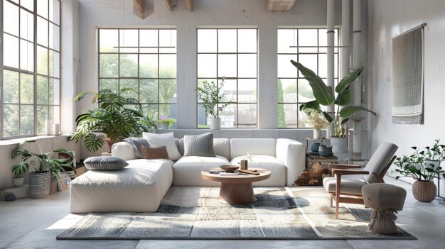 A modern living room with a white couch a coffee table and a few potted plants