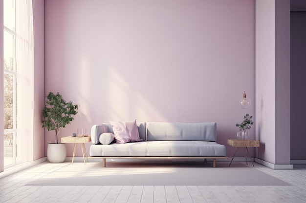 Modern living room with a white couch and a pink accent wall Generative AI