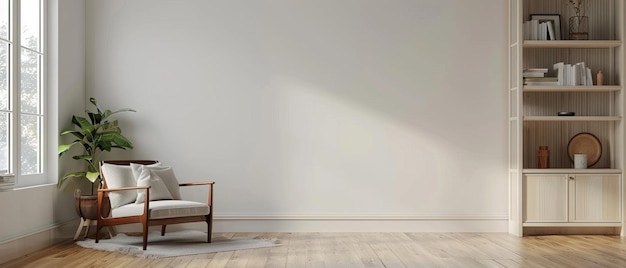 a modern living room with white empty wall mockup wooden floor book shelf armchair and window