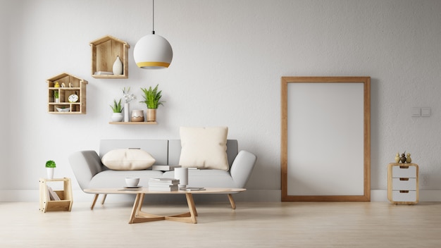 Modern living room with white sofa have cabinet and wood shelves on wood flooring and white wall