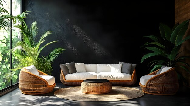 Photo modern living room with wicker furniture and tropical plants 3d illustration