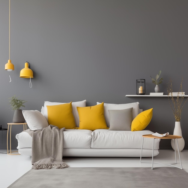 Modern Living Room With Yellow Accents And Grey Walls