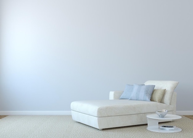 Modern livingroom interior with white couch near empty blue wall 3d render Photo on book cover was made by me