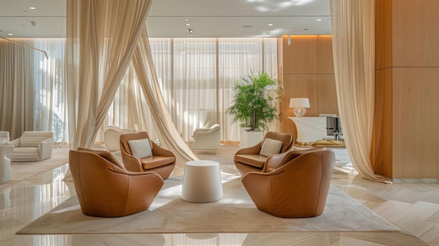 Modern lobby interior design with luxurious leather chairs a white coffee table and large windows