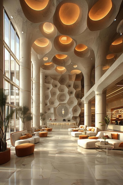 Modern Lobby Interior with Geometric Ceiling