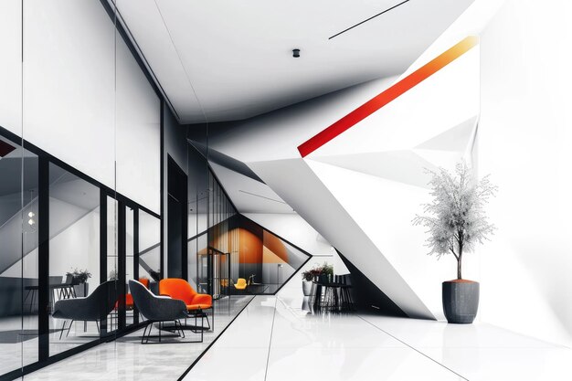 Modern Lobby with Geometric Design and Red Accent