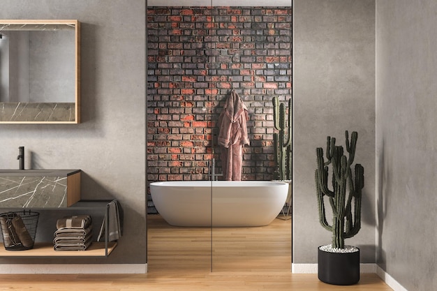 Modern Loft Bathroom interior design, bathtub, parquet floor, sunlight, plants, towels, black basin