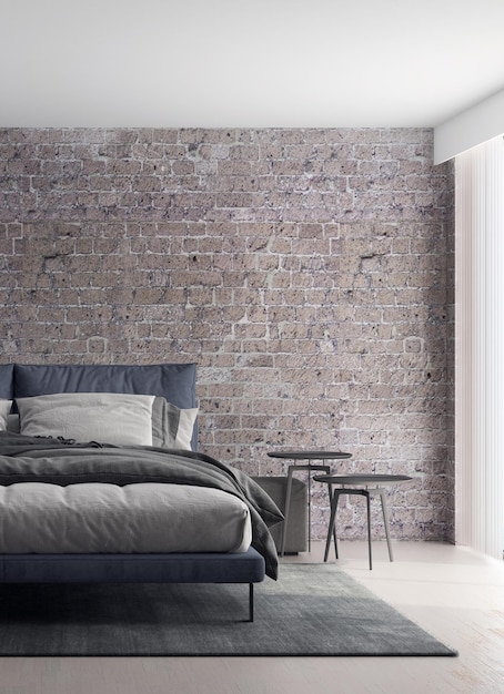 Modern loft bedroom and brick wall texture background interior design