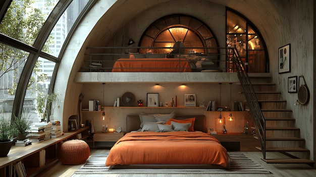 A modern loft bedroom with a large window a bed and a loft bed