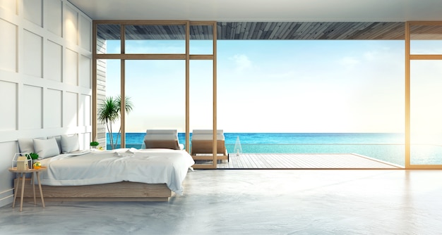 Modern Loft interior of Bedroom with panoramic sea view at villa,beach lounge