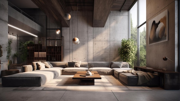 Modern loft living room interior design 3d rendering imageThere are sofas coffee table sofa coffee table and other thingsgenerative ai