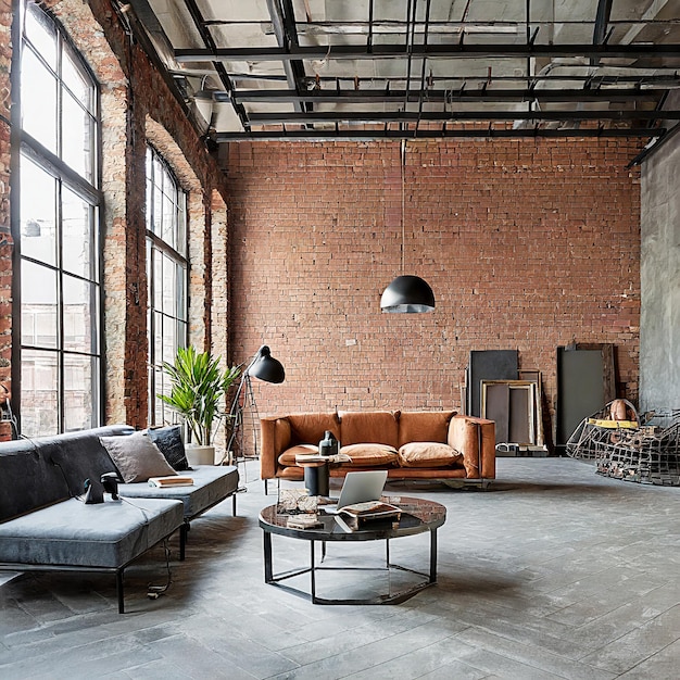 Photo modern loft living room with high ceiling empty brown brick wall concrete floor