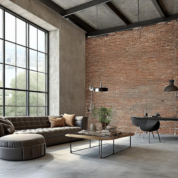 Modern loft living room with high ceiling empty brown brick wall concrete floor