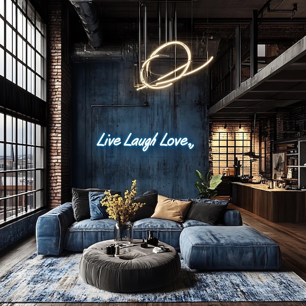 Photo modern loft living room with neon sign and city view