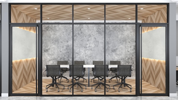 Modern loft meeting room with white desk and wood pattern wall wood floor 3d rendering