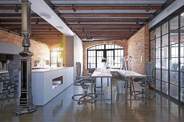 Modern loft office interior 3d render design