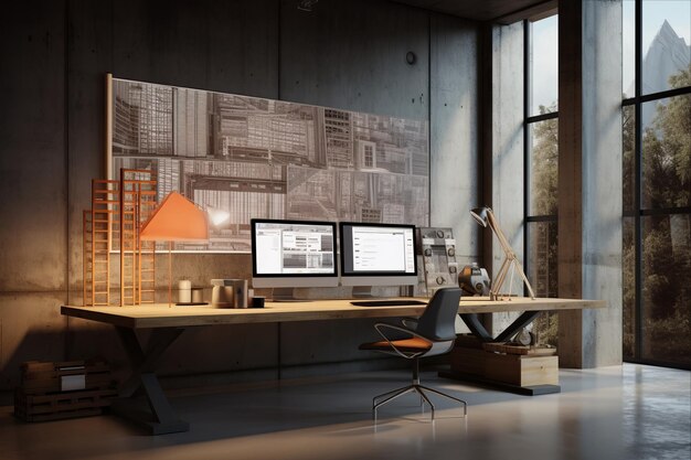 Modern loft office interior design 3d rendering 3d illustration