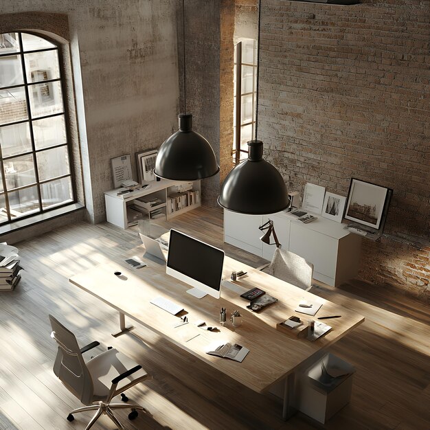 Photo a modern loft office with a large window a wooden desk a white chair and two black pendant lights