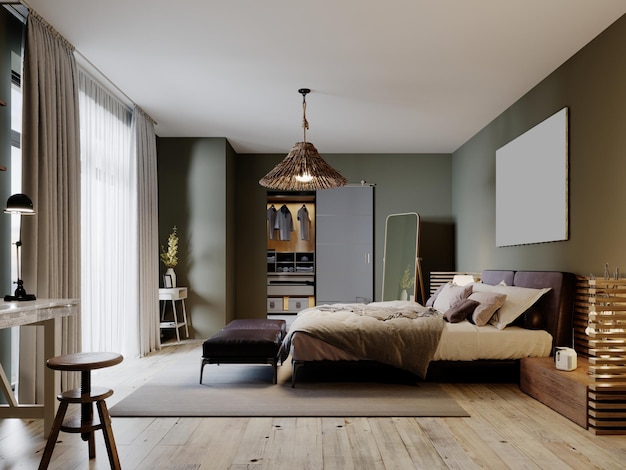 Modern loft style bedroom with a trendy bed and hanging chair. 3D rendering.