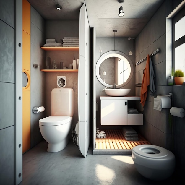 Modern loft toilet and shower with wash basin and mirror