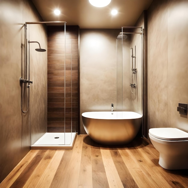 modern loft toilet and shower with wood floor