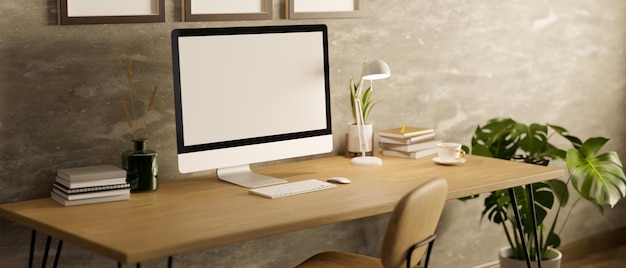 Modern loft workspace interior design with PC computer on wood table over loft cement wall