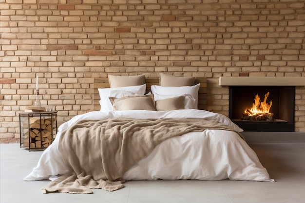 Modern LoftStyle Bedroom with Brick Wall Fireplace and Beige Accents for Cozy Ambience