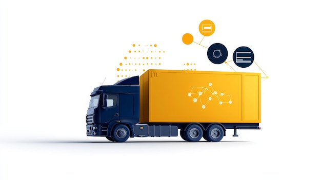 Modern Logistics and Delivery Truck with Digital Technology Icons A blue and yellow delivery