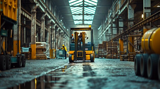 Photo modern logistics warehouse filled with high shelves and stacks of boxes in an industrial setting