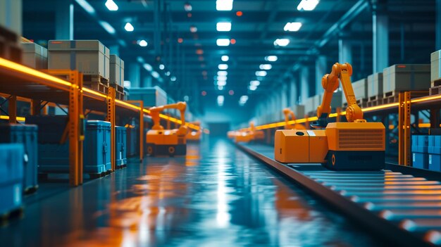 Photo modern logistics warehouse filled with high shelves and stacks of boxes in an industrial setting