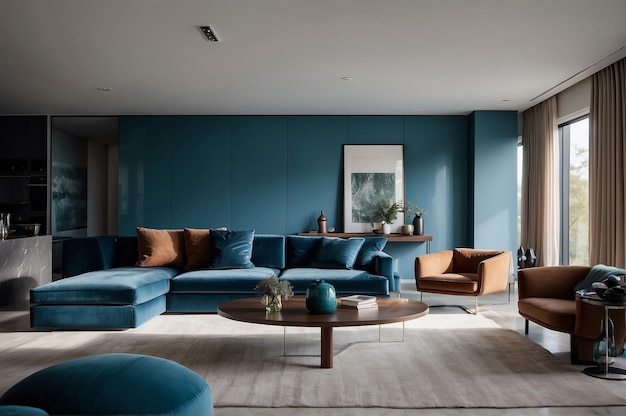 Modern lounge area adorned with furnishings and a serene blue wall