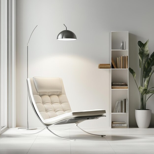 Photo a modern lounge area featuring a sleek chair lamp bookshelf and plant in a minimalist setting