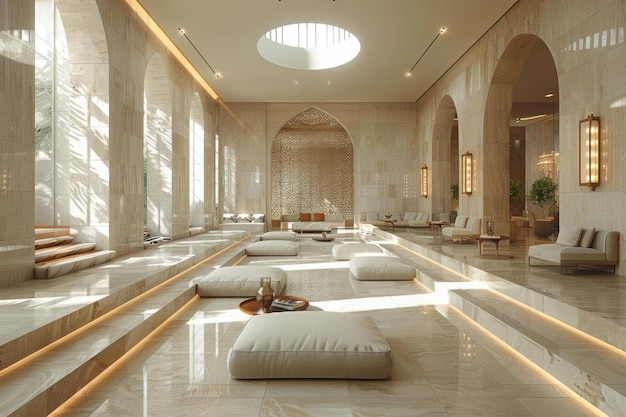 Modern Lounge Area with a Marble Floor and Beige Cushions