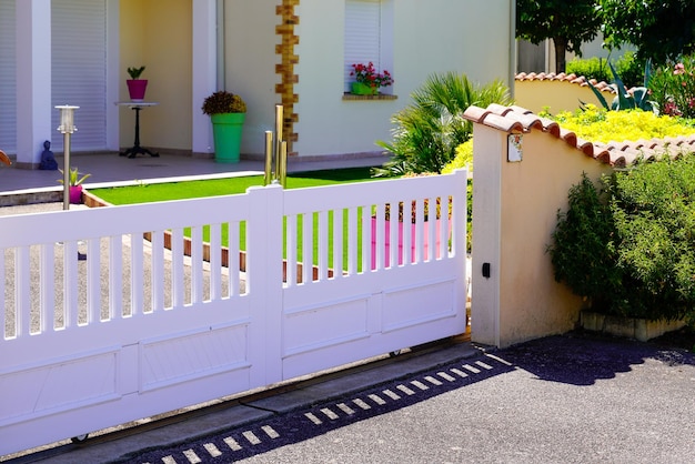 Modern low style home white gate portal polyvinyl chloride of suburb door house in pvc