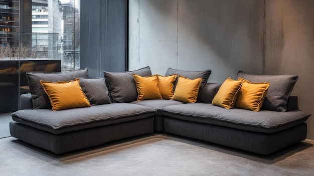 Photo modern lshaped sofa with yellow cushions in a minimalist living room contemporary interior